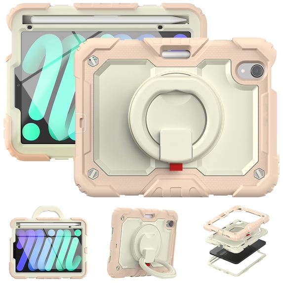 Allytechgroup Screen Protector Case for Apple iPad min7th Gen/ 6th Gen 8.3 Inch, Heavy Duty Protective Build-in Pencil Holder Handle Stand Rugged Bumper Case Kids Friendly for iPad mini 6 7, Rosegold