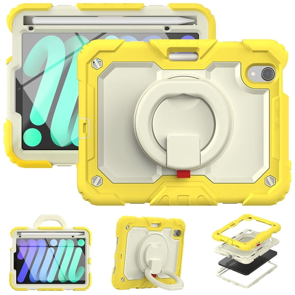 Allytechgroup Screen Protector Case for Apple iPad mini 7th Gen/ 6th Gen 8.3 Inch, Heavy Duty Protective Build-in Pencil Holder Handle Stand Rugged Bumper Case Kids Friendly for iPad mini 6 7, Yellow