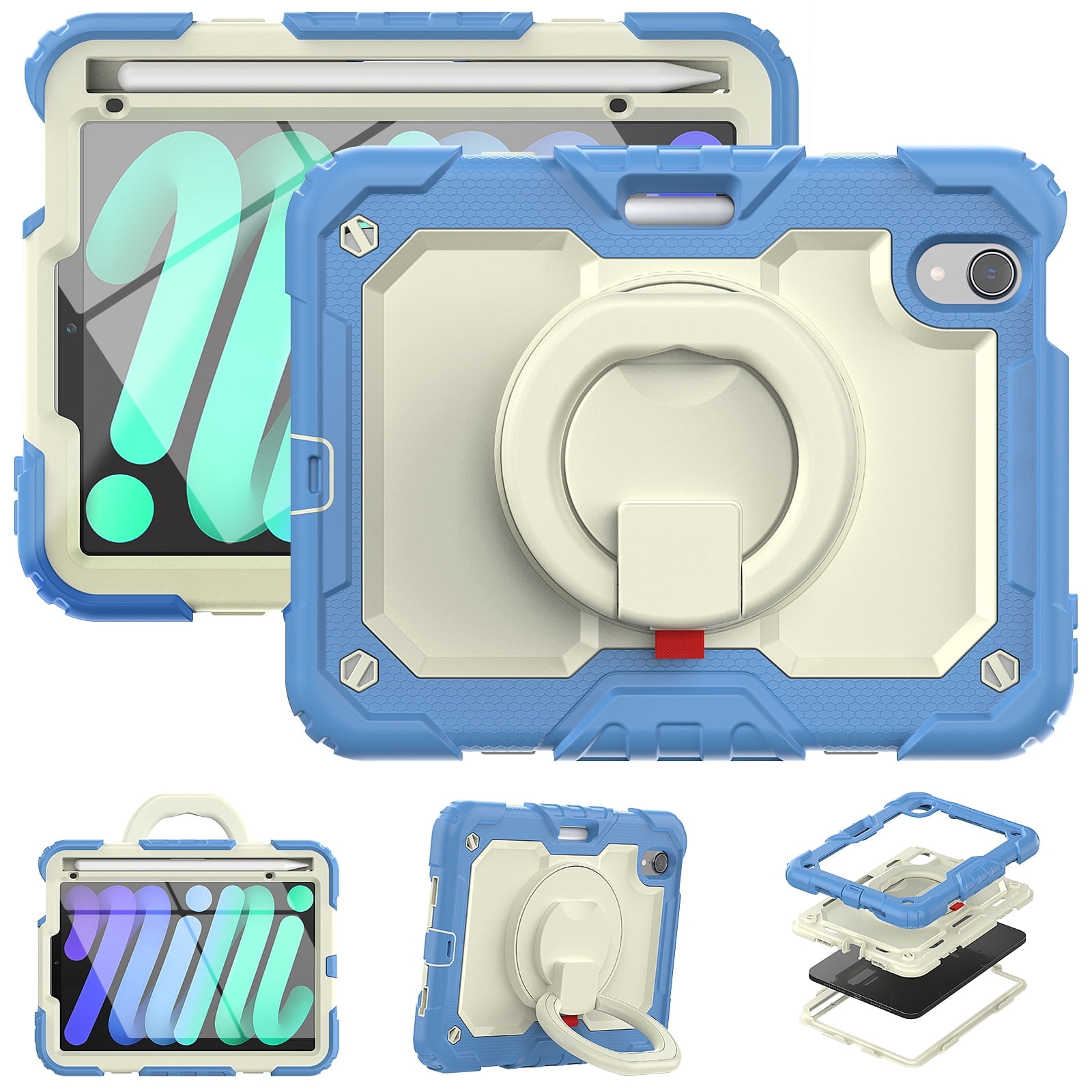 Allytechgroup Screen Protector Case for Apple iPad mini 7th Gen/ 6th Gen 8.3 Inch, Heavy Duty Protective Build-in Pencil Holder Handle Stand Rugged Bumper Case Kids Friendly for iPad mini 6 7, Blue