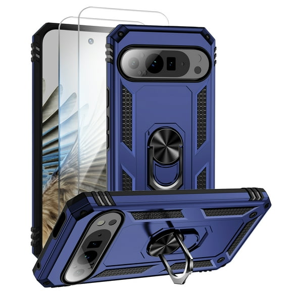 Allytechgroup Screen Protector Case for Google Pixel 10 /10 Pro, Heavy Duty Shockproof Rotating Ring Kickstand Magnetic Back Cover Compatible with Car Mount Rugged Bumper Case for Women Men,Blue