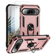 Allytechgroup Screen Protector Case for Google Pixel 10 Pro XL, Heavy Duty Shockproof Rotating Ring Kickstand Magnetic Back Cover Compatible with Car Mount Rugged Bumper Case for Women Men,Rosegold