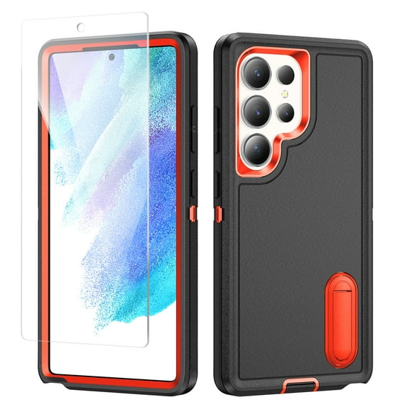 Allytechgroup Screen Protector Case for Samsung Galaxy S25 Ultra 6.9", Rugged Bumper Hybrid TPU PC Invisible Kickstand Military Grade Protection Phone Case for Galaxy S25 Ultra, Black+Orange