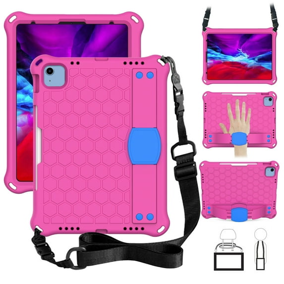 Allytechgroup Shockproof Case for Apple iPad A16 11th Gen 11" 2025/ iPad 10th Gen 10.9" 2022, Heavy Duty Protection Stand Hand Strap Shoulder Strap Bumper Rugged Kids Friendly Case Cover,Rose+Blue