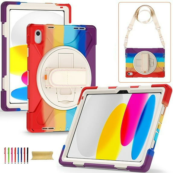 Allytechgroup Shockproof Case for Apple iPad A16 11th Generation 11" 2025/ iPad 10th Generation 10.9" 2022, Colorful Design Kids Friendly Hand Strap Shoulder Strap Rotating Kickstand Rugged Cover