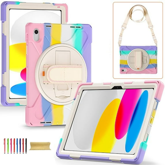 Allytechgroup Shockproof Case for Apple iPad A16 11th Generation 11" 2025/ iPad 10th Generation 10.9" 2022, Colorful Design Kids Friendly Hand Strap Shoulder Strap Rotating Kickstand Rugged Cover