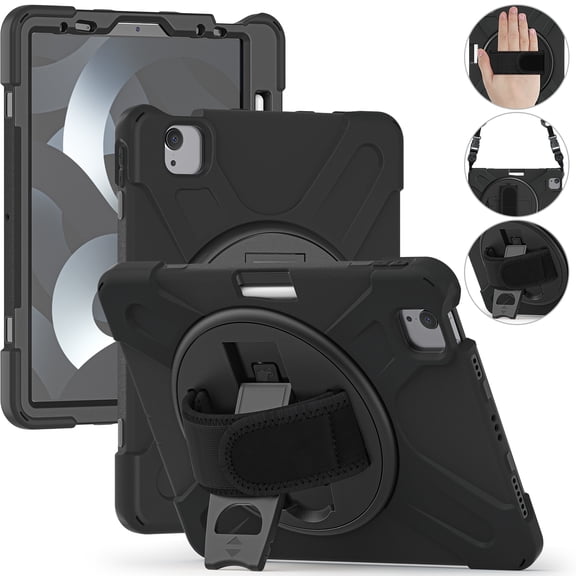 Shockproof Case for Apple iPad Air 11 Inch Case M4 M3 M2 2026 2025 2024, Kickstand Hand Strap Shoulder Strap Rugged Case Kids Friendly Bumper Shockproof Case for iPad Air 11", Black