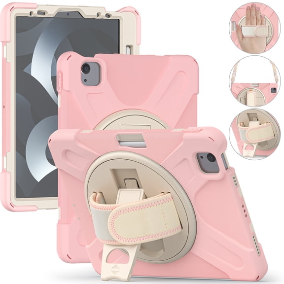 Shockproof Case for Apple iPad Air 11 Inch Case M4 M3 M2 2026 2025 2024, Kickstand Hand Strap Shoulder Strap Rugged Case Kids Friendly Bumper Shockproof Case for iPad Air 11", Pink