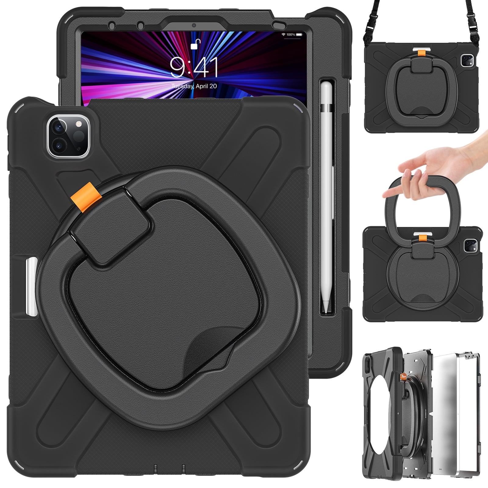 Shockproof Case for Apple iPad Air 11 M4 M3 M2 2026/2025/2024, Heavy Duty Protective Handle Kickstand Anti-Scratch Kids Friendly [Shoulder Strap] Pencil Holder Tablet Cover, Black