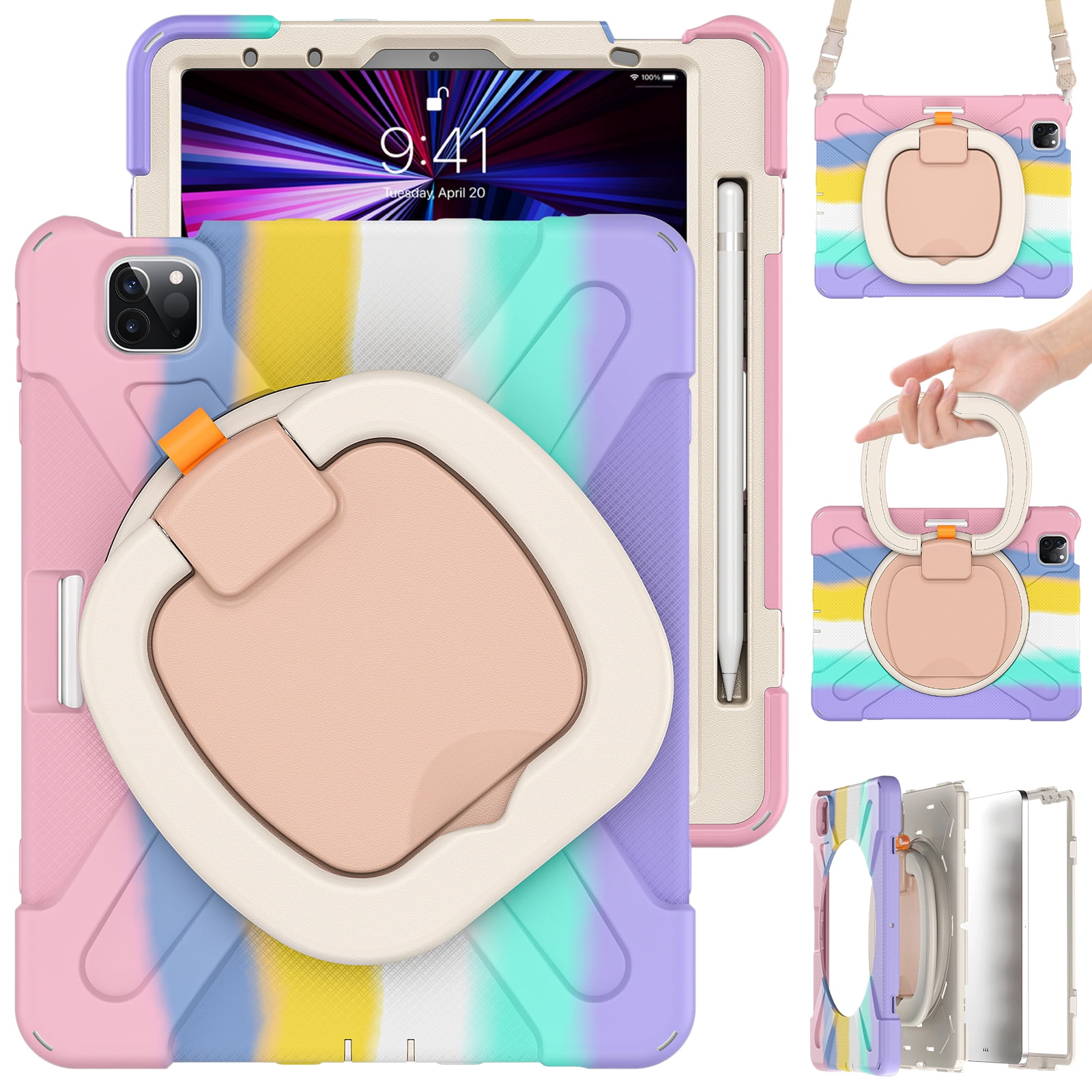 Shockproof Case for Apple iPad Air 11 M4 M3 M2 2026/2025/2024, Heavy Duty Protective Handle Kickstand Anti-Scratch Kids Friendly [Shoulder Strap] Pencil Holder Tablet Cover, Colorful Pink