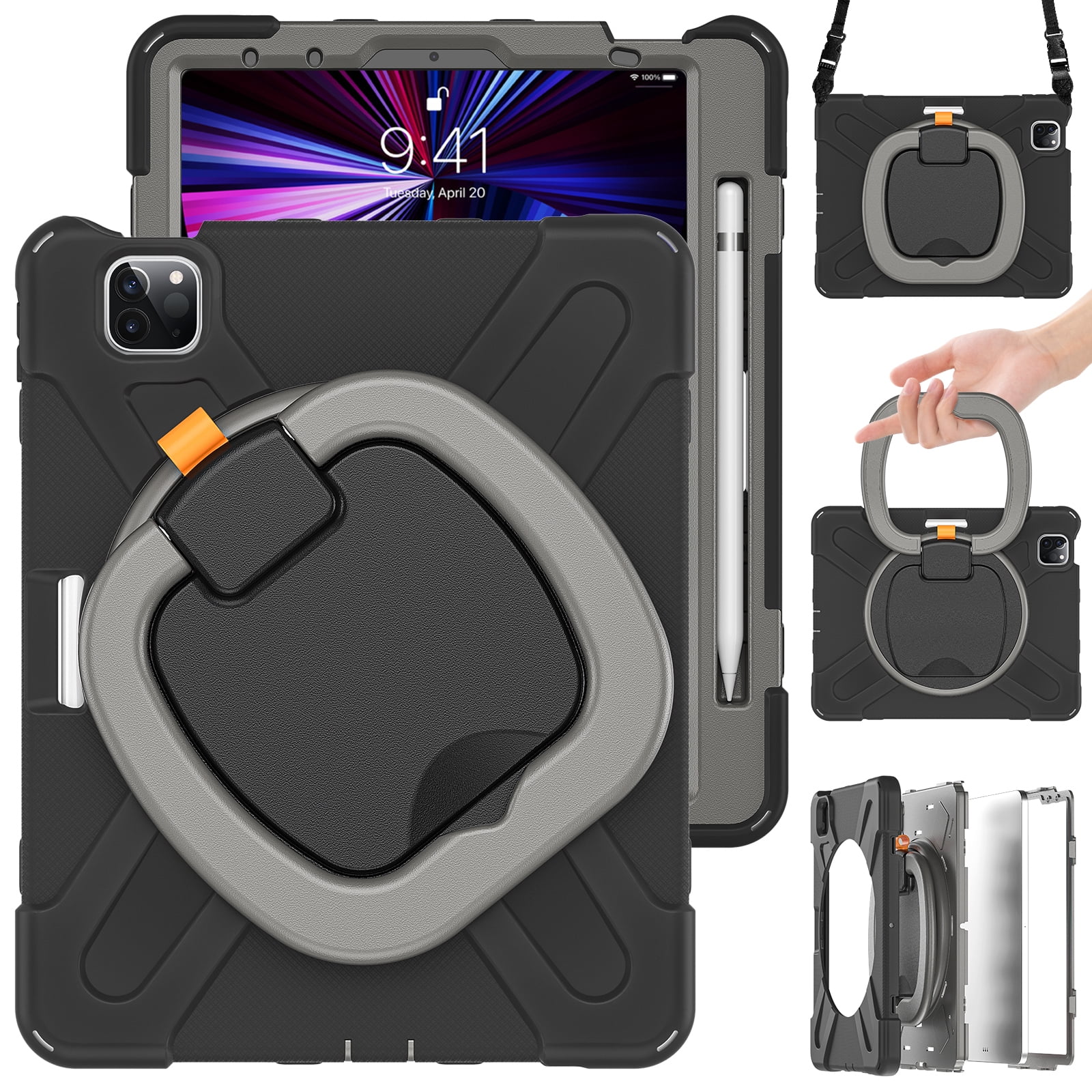 Shockproof Case for Apple iPad Air 11 M4 M3 M2 2026/2025/2024, Heavy Duty Protective Handle Kickstand Anti-Scratch Kids Friendly [Shoulder Strap] Pencil Holder Tablet Cover, Black+Gray