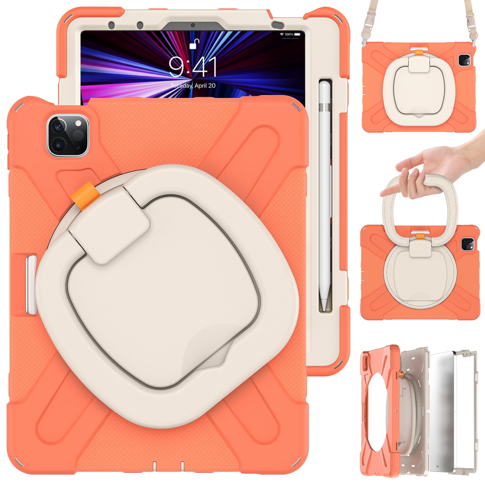 Shockproof Case for Apple iPad Air 11 M4 M3 M2 2026/2025/2024, Heavy Duty Protective Handle Kickstand Anti-Scratch Kids Friendly [Shoulder Strap] Pencil Holder Tablet Cover, Livingcoral