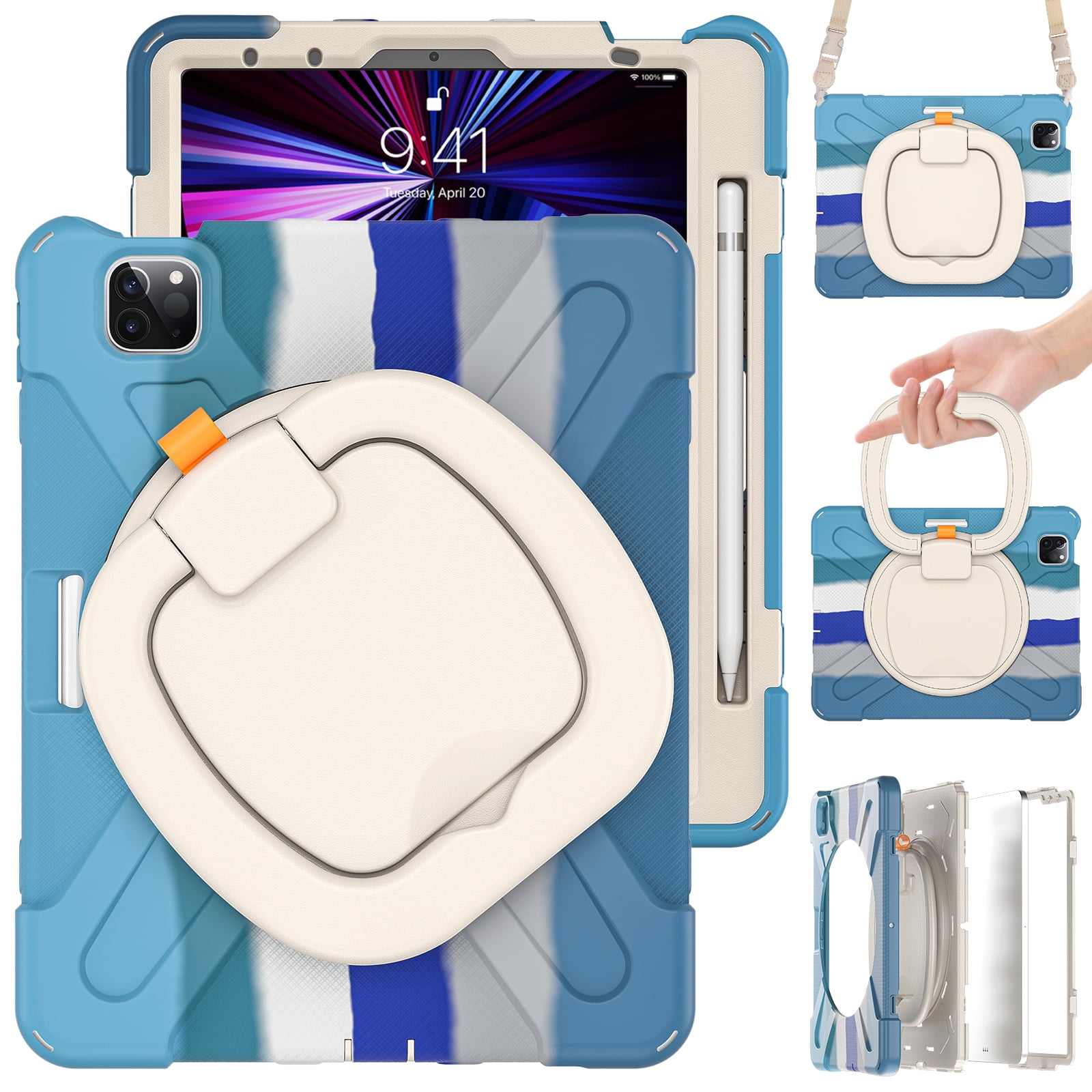 Shockproof Case for Apple iPad Air 11 M4 M3 M2 2026/2025/2024, Heavy Duty Protective Handle Kickstand Anti-Scratch Kids Friendly [Shoulder Strap] Pencil Holder Tablet Cover, Colorful Blue
