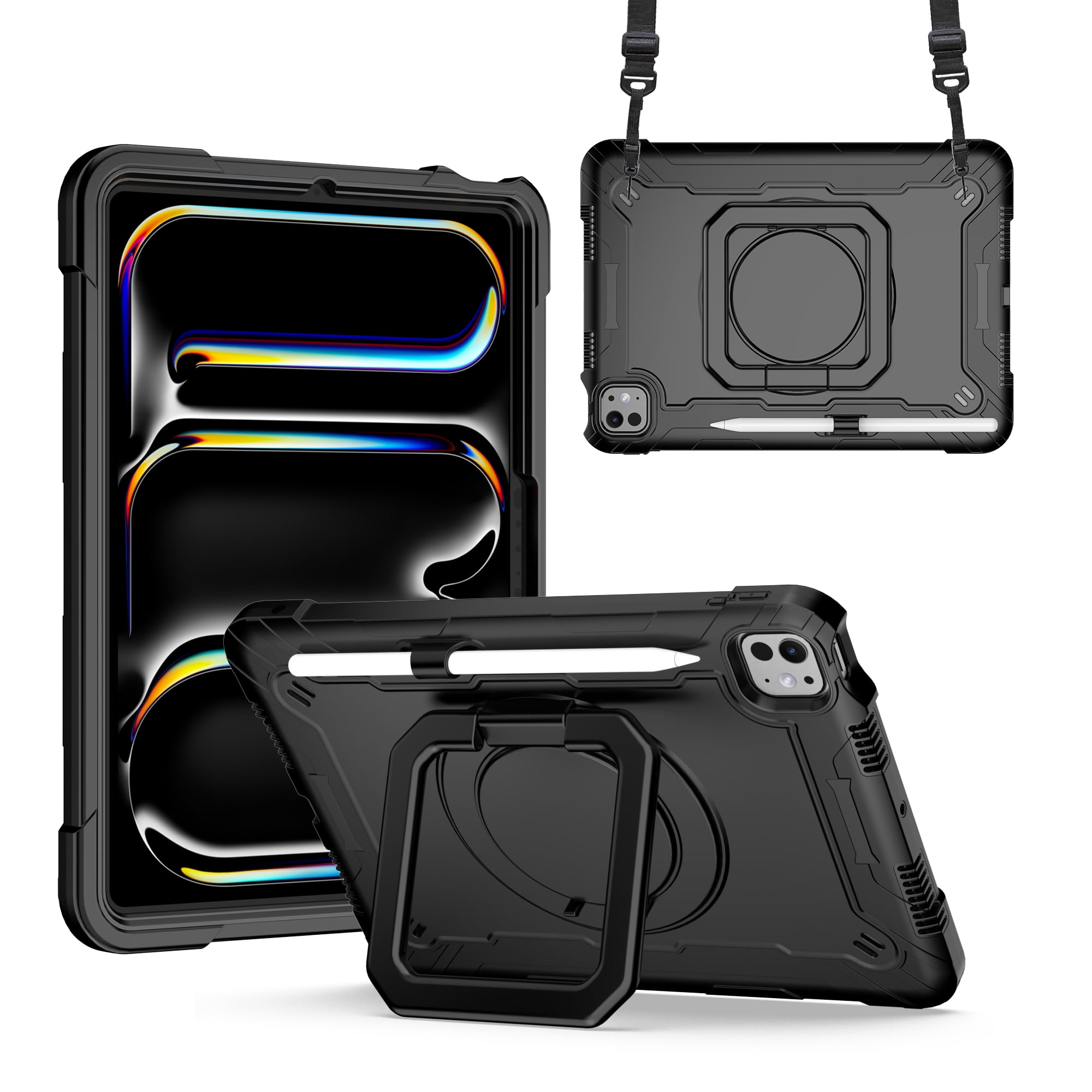 Allytechgroup Shockproof Case for Apple iPad Pro 11 Inch 2024 M4, with Shoulder Strap Pencil Holder Rotating Stand Handle Kids Friendly Heavy Duty Protection Cover for iPad Pro 11" 2024,Black