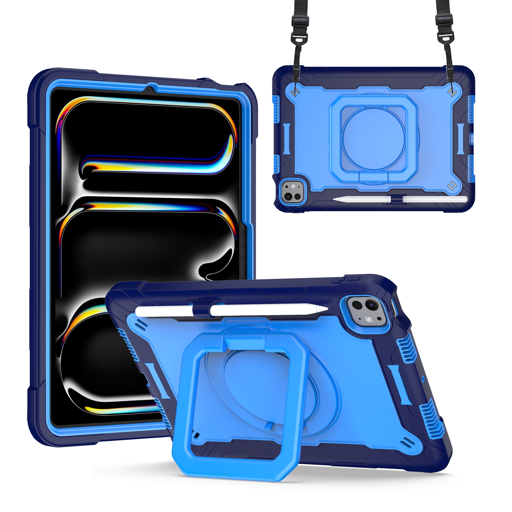 Allytechgroup Shockproof Case for Apple iPad Pro 11 Inch 2024 M4, with Shoulder Strap Pencil Holder Rotating Stand Handle Kids Friendly Heavy Duty Protection Cover for iPad Pro 11" 2024,Blue