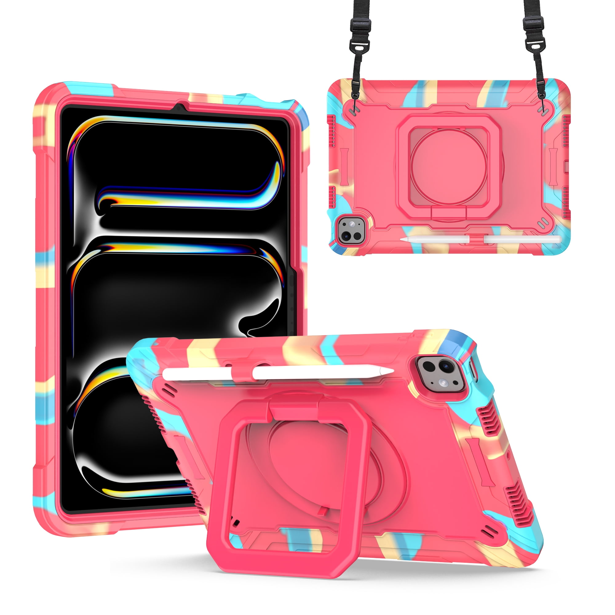 Allytechgroup Shockproof Case for Apple iPad Pro 11 Inch 2024 M4, with Shoulder Strap Pencil Holder Rotating Stand Handle Kids Friendly Heavy Duty Protection Cover for iPad Pro 11" 2024,Colorfol Rose