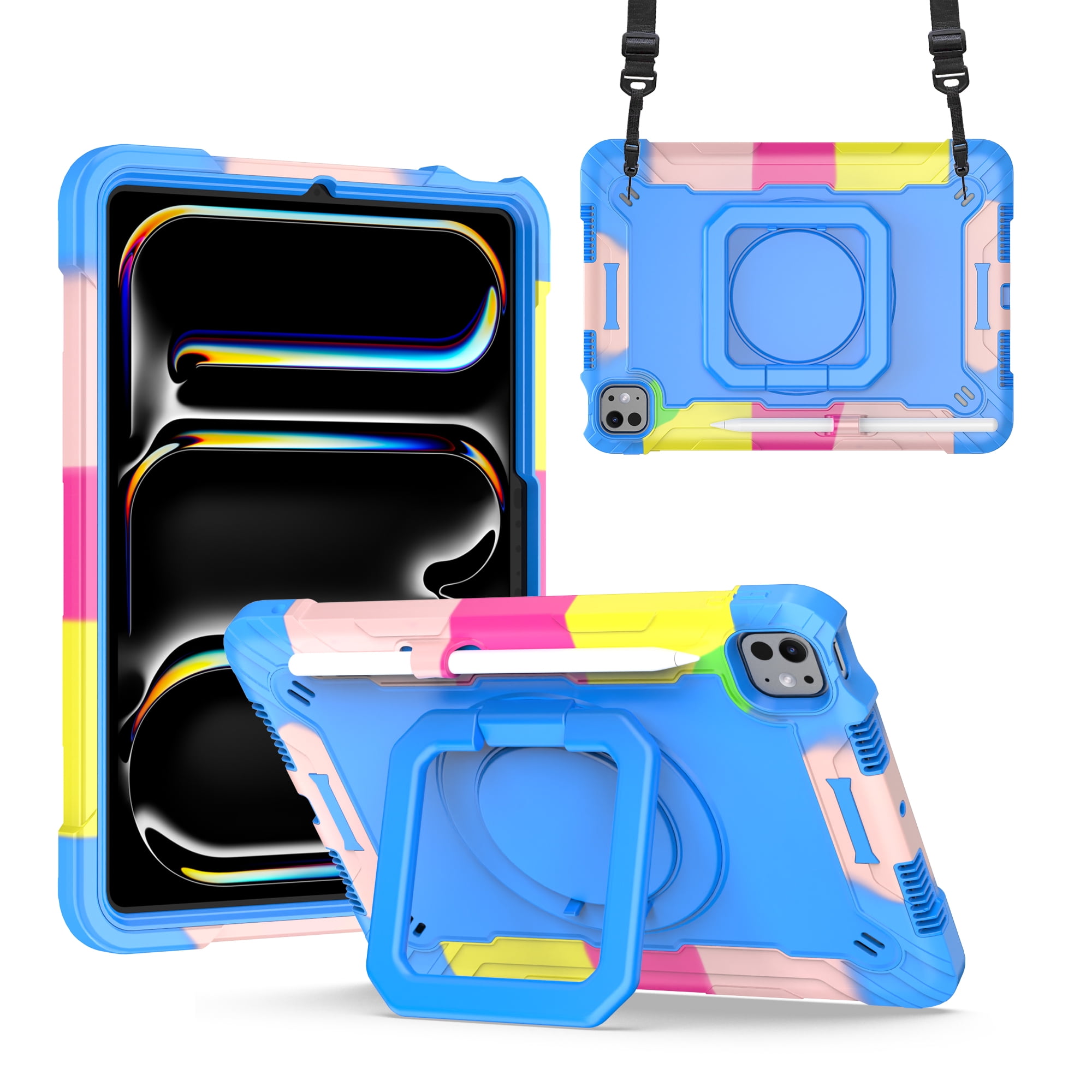 Allytechgroup Shockproof Case for Apple iPad Pro 11 Inch 2024 M4, with Shoulder Strap Pencil Holder Rotating Stand Handle Kids Friendly Heavy Duty Protection Cover for iPad Pro 11" 2024,Colorful Blue