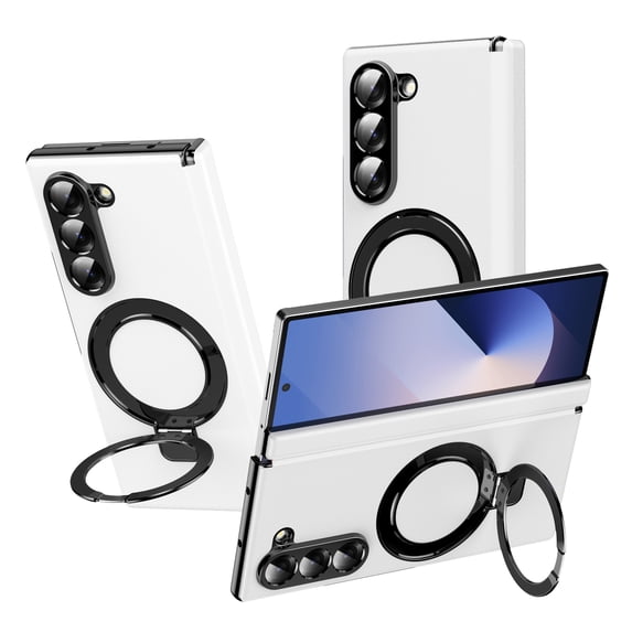Allytechgroup Shockproof Case for Samsung Galaxy Z Fold 7, Magnetic Cover Support Wireless Charging Anti-Scratch Ring Bracket Stand Bumper Rugged Phone Case for Galaxy Z Fold 7, White