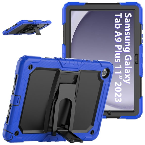 Allytechgroup Shockproof Case with Screen Protector for Samsung Galaxy Tab A9+ Plus 11" SM-X210 X215 X216, Rugged Bumper Anti-Scratch Kickstand Shoulder Strap Kids Friendly Case Cover, Darkblue