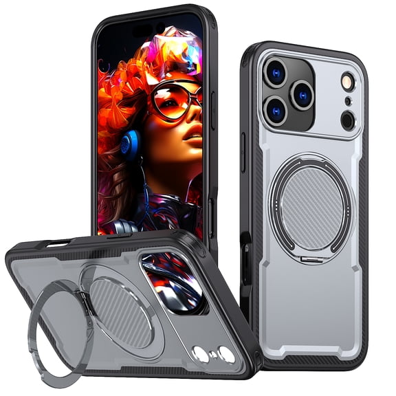Allytechgroup Shockproof Kickstand Case for iPhone 17 Pro, PC+TPU Hybrid Back Cover with Magnetic Ring Support Wireless Charging Anti-Scratch & Drop Protection for iPhone 17 Pro, Gray