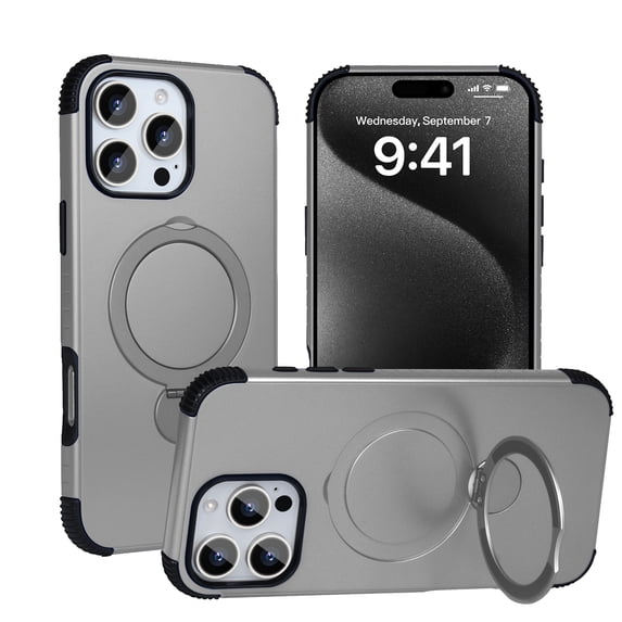 Allytechgroup Shockproof Magnetic Phone Case for Apple iPhone 15 Plus with 360° Rotating Ring Kickstand, Compatible with Magsafe Slim Hard Back Cover Wireless Charging for Women Men,Gray