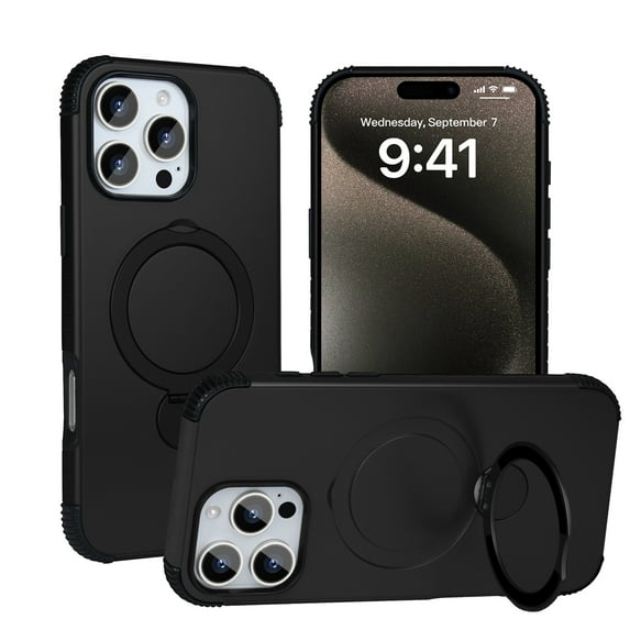Allytechgroup Shockproof Magnetic Phone Case for Apple iPhone 15 Pro Max with 360° Rotating Ring Kickstand, Compatible with Magsafe Slim Hard Back Cover Wireless Charging for Women Men,Black