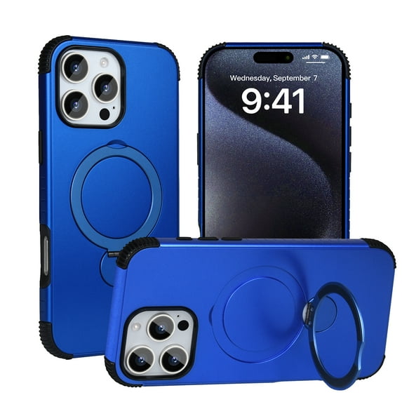 Allytechgroup Shockproof Magnetic Phone Case for Apple iPhone 15 Pro Max with 360° Rotating Ring Kickstand, Compatible with Magsafe Slim Hard Back Cover Wireless Charging for Women Men,Blue