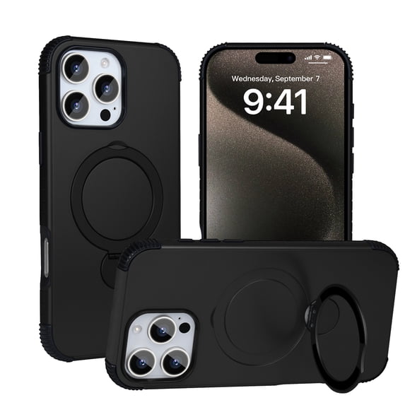 Allytechgroup Shockproof Magnetic Phone Case for Apple iPhone 16 Pro Max with 360° Rotating Ring Kickstand, Compatible with Magsafe Slim Hard Back Cover Wireless Charging for Women Men,Black