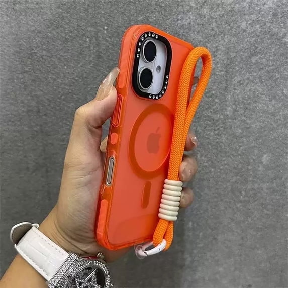 Allytechgroup Shockproof Phone Case for Apple iPhone 11, Compatible with MagSafe iPhone 11 Cover with Glitter Camera Frame, Transparent TPU iPhone 11 Case with Wrist Strap, Orange