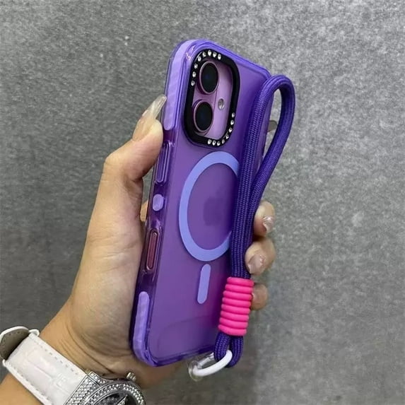Allytechgroup Shockproof Phone Case for Apple iPhone 13 Pro, Compatible with MagSafe iPhone 13 Pro Cover with Glitter Camera Frame, Transparent TPU iPhone 13 Pro Case with Wrist Strap, Purple