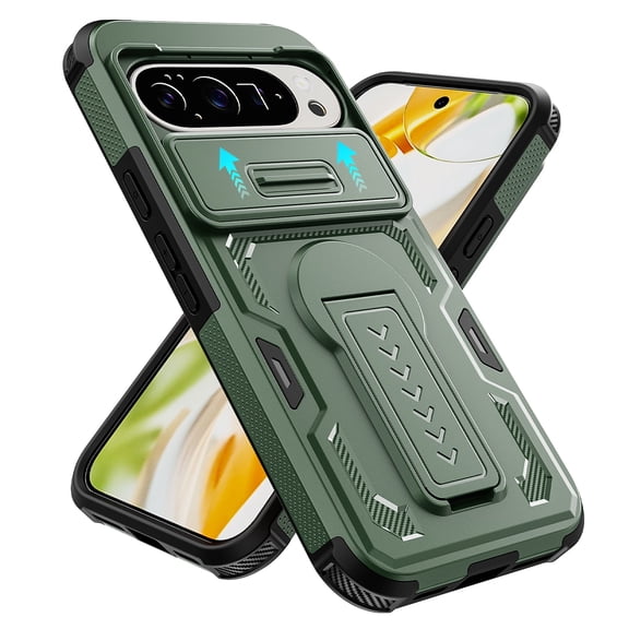 Allytechgroup Shockproof Rugged Case for Google Pixel 10 /10 Pro, Built-in Slide Camera Cover Kickstand Shock-Absorbent Non-Slip PC+TPU Protective Cover Military Grade Drop Protection, Green