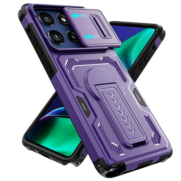 Allytechgroup Shockproof Rugged Case for Motorola Edge (2025), Built-in Slide Camera Cover Kickstand Shock-Absorbent Non-Slip PC+TPU Protective Cover Military Grade Drop Protection, Purple