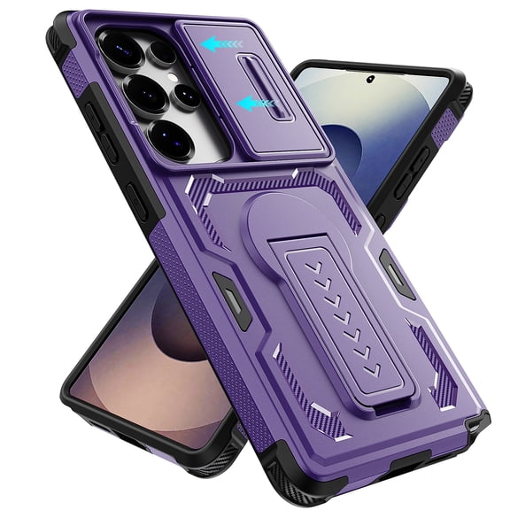 Allytechgroup Shockproof Rugged Case for Samsung Galaxy S25 Ultra, Built-in Slide Camera Cover Kickstand Shock-Absorbent Non-Slip PC+TPU Protective Cover Military Grade Drop Protection, Purple