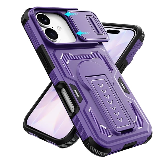 Allytechgroup Shockproof Rugged Case for iPhone 17, Built-in Slide Camera Cover Kickstand Shock-Absorbent Non-Slip PC+TPU Protective Cover Military Grade Drop Protection, Purple