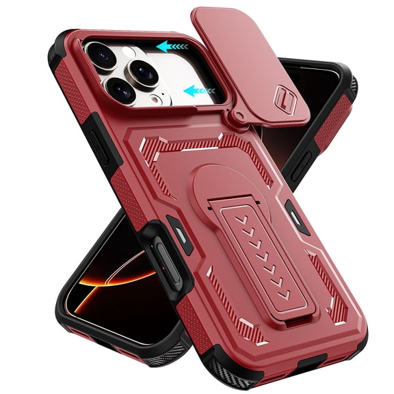 Allytechgroup Shockproof Rugged Case for iPhone 17 Pro, Built-in Slide Camera Cover Kickstand Shock-Absorbent Non-Slip PC+TPU Protective Cover Military Grade Drop Protection, Red