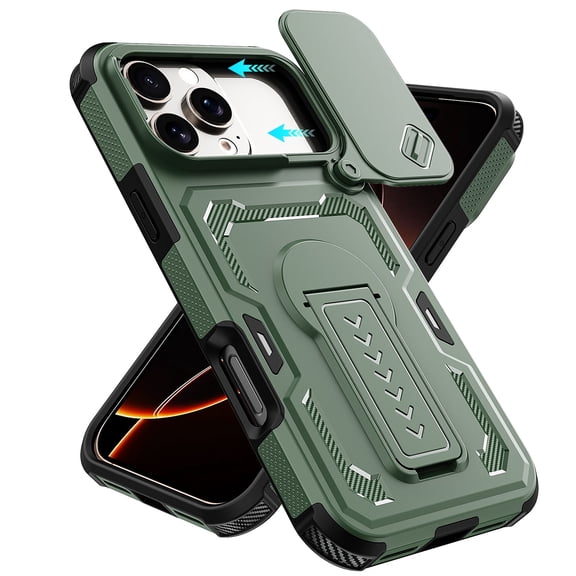 Allytechgroup Shockproof Rugged Case for iPhone 17 Pro Max, Built-in Slide Camera Cover Kickstand Shock-Absorbent Non-Slip PC+TPU Protective Cover Military Grade Drop Protection, Green