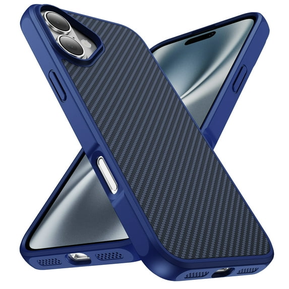 Allytechgroup Slim Carbon Fiber Texture Phone Case for Apple iPhone 16 Plus, Shockproof Soft TPU Bumper, Raised Edge Camera and Screen Protection, Lightweight Anti-Slip Cover, Blue