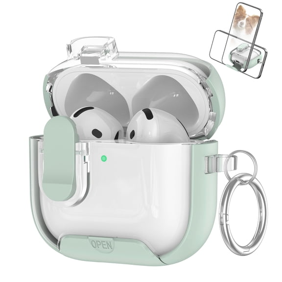 Allytechgroup Slim Case for Airpods 4th Gen with Keychain, Built-in Phone Stand Support Wireless Charging Safety Lock Shockproof Protective Cover for AirPods 4th Generation Case (2024), Mint