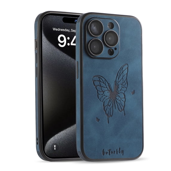 Allytechgroup Slim Case Compatible with iPhone 14 Pro Max, with Camere Lens Protector Butterfly Embossed Shockproof Anti-Scratch Bumper Rugged Phone Case for Apple iPhone 14 Pro Max, Blue