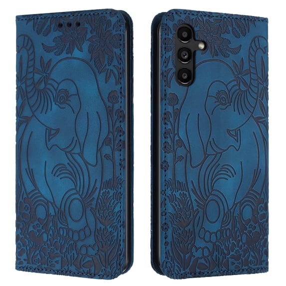 Allytechgroup Slim Case for Samsung Galaxy A14 5G, Flip Folio Stand Cards Slots Hand Wrist Elephant Embossed Retro PU Leather Wallet Phone Case Cover for Samsung Galaxy A14 5G, Blue