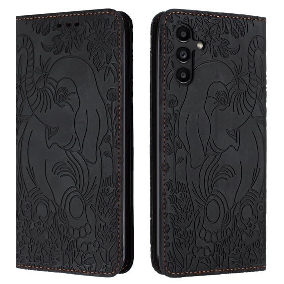 Allytechgroup Slim Case for Samsung Galaxy A14 5G, Flip Folio Stand Cards Slots Hand Wrist Elephant Embossed Retro PU Leather Wallet Phone Case Cover for Samsung Galaxy A14 5G, Black