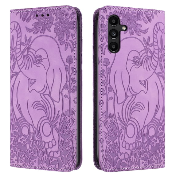 Allytechgroup Slim Case for Samsung Galaxy A15, Flip Folio Stand Cards Slots Hand Wrist Elephant Embossed Retro PU Leather Wallet Phone Case Cover for Samsung Galaxy A15, Purple