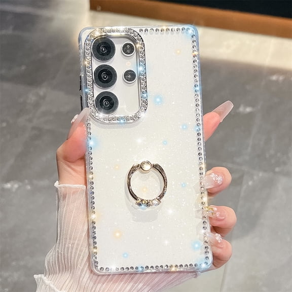 Allytechgroup Slim Case for Samsung Galaxy A17 5G with Ring Holder, Bling Sparkly Diamond Rhinestones Hard PC Soft TPU Phone Shell for Women Girls Shockproof Protective Back Cover Bumper, D