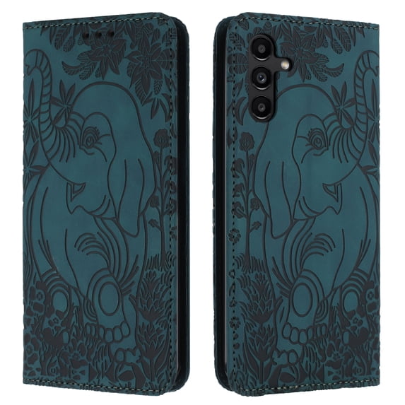 Allytechgroup Slim Case for Samsung Galaxy A24 4G, Flip Folio Stand Cards Slots Hand Wrist Elephant Embossed Retro PU Leather Wallet Phone Case Cover for Samsung Galaxy A24 4G, Green