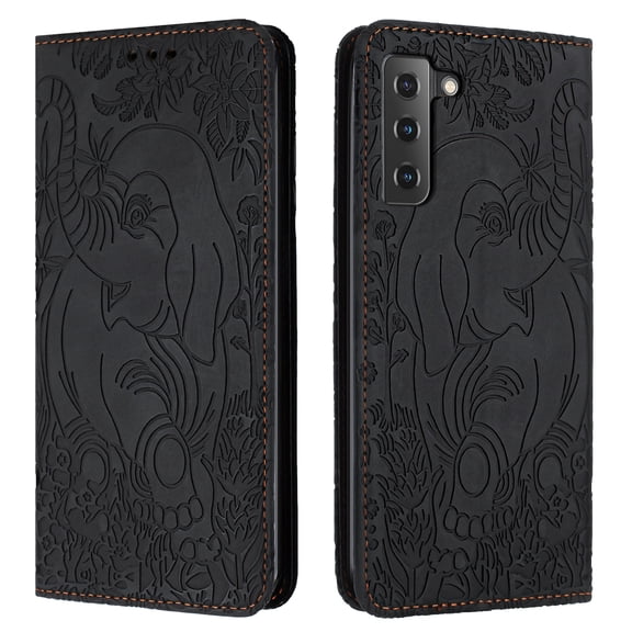 Allytechgroup Slim Case for Samsung Galaxy S21, Flip Folio Stand Cards Slots Hand Wrist Elephant Embossed Retro PU Leather Wallet Phone Case Cover for Samsung Galaxy S21, Black