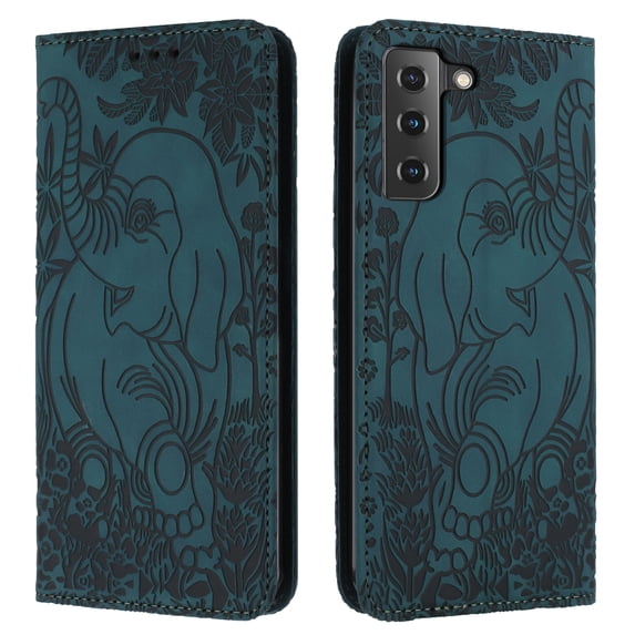 Allytechgroup Slim Case for Samsung Galaxy S21, Flip Folio Stand Cards Slots Hand Wrist Elephant Embossed Retro PU Leather Wallet Phone Case Cover for Samsung Galaxy S21, Green