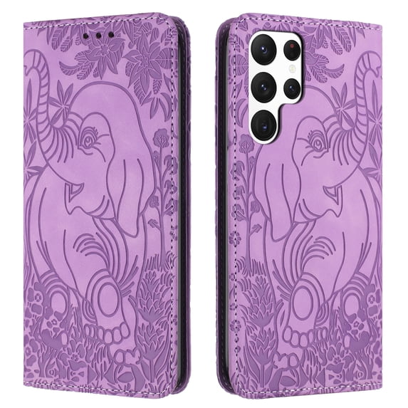 Allytechgroup Slim Case for Samsung Galaxy S22, Flip Folio Stand Cards Slots Hand Wrist Elephant Embossed Retro PU Leather Wallet Phone Case Cover for Samsung Galaxy S22, Purple