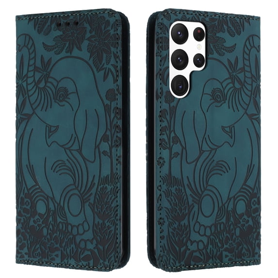 Allytechgroup Slim Case for Samsung Galaxy S22, Flip Folio Stand Cards Slots Hand Wrist Elephant Embossed Retro PU Leather Wallet Phone Case Cover for Samsung Galaxy S22, Green