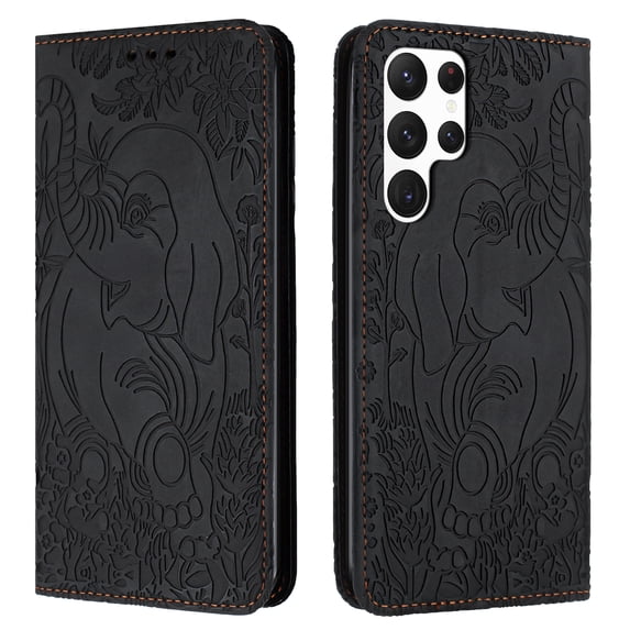 Allytechgroup Slim Case for Samsung Galaxy S22, Flip Folio Stand Cards Slots Hand Wrist Elephant Embossed Retro PU Leather Wallet Phone Case Cover for Samsung Galaxy S22, Black