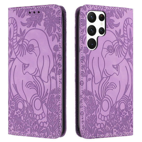 Allytechgroup Slim Case for Samsung Galaxy S22 Ultra, Flip Folio Stand Cards Slots Hand Wrist Elephant Embossed Retro PU Leather Wallet Phone Case Cover for Samsung Galaxy S22 Ultra, Purple