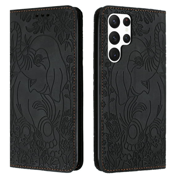 Allytechgroup Slim Case for Samsung Galaxy S22 Ultra, Flip Folio Stand Cards Slots Hand Wrist Elephant Embossed Retro PU Leather Wallet Phone Case Cover for Samsung Galaxy S22 Ultra, Black